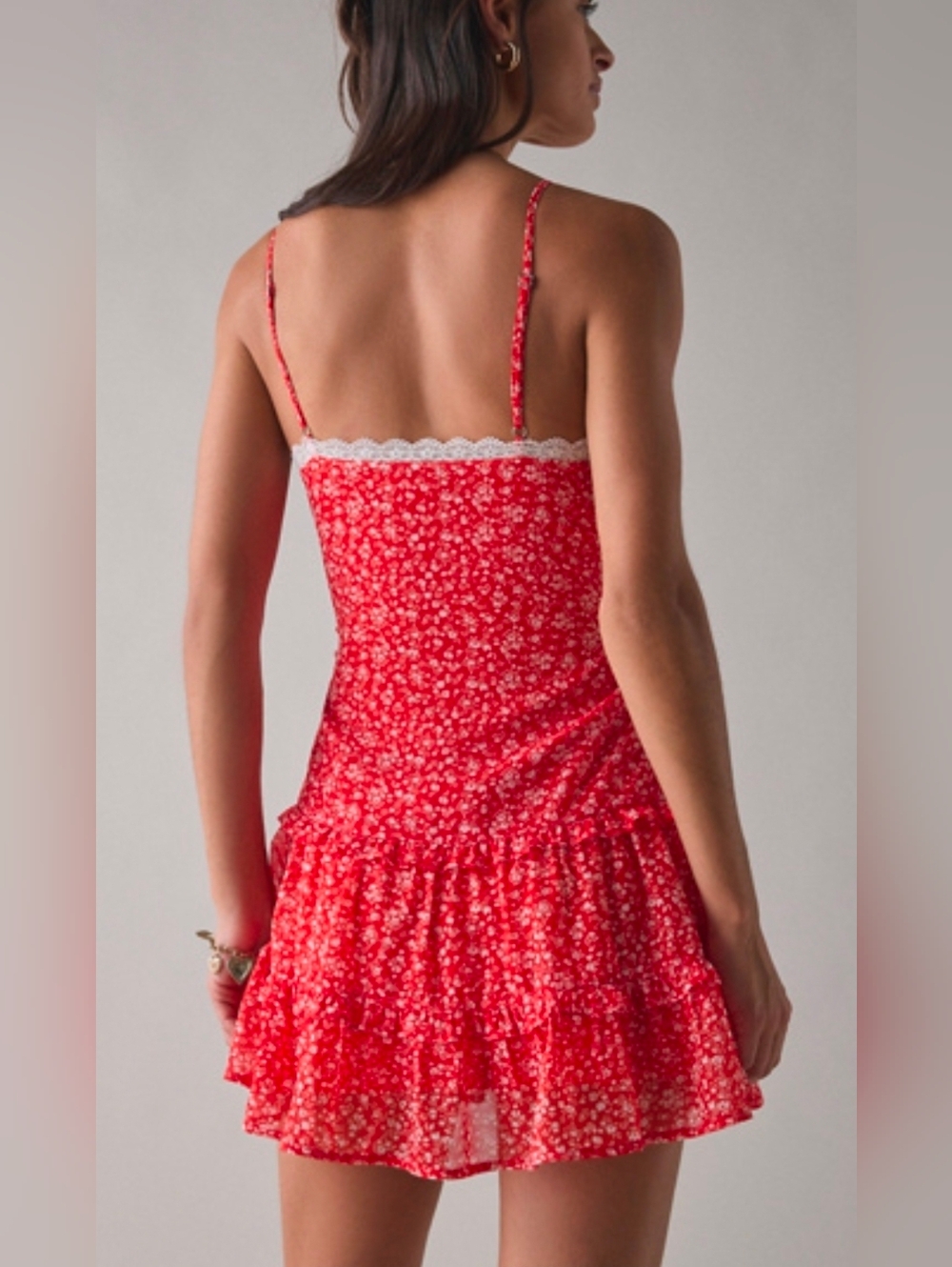 Kimchi Blue Red Floral Lace-Trim Chiffon Slip Mini Dress - Picture 3 of 4